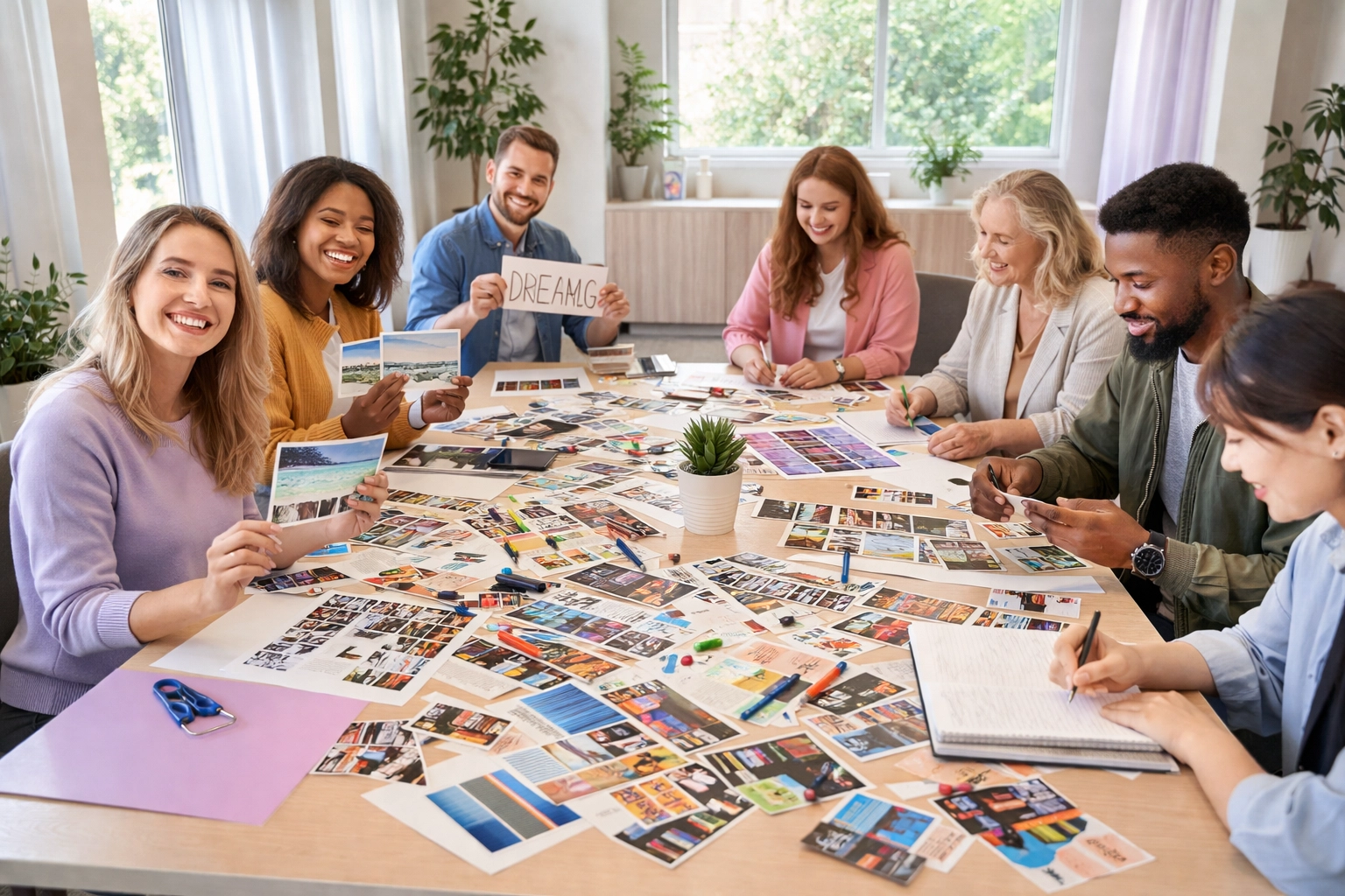 Participants collaborate at a vision board party workshop, creating goals with magazines and poster boards