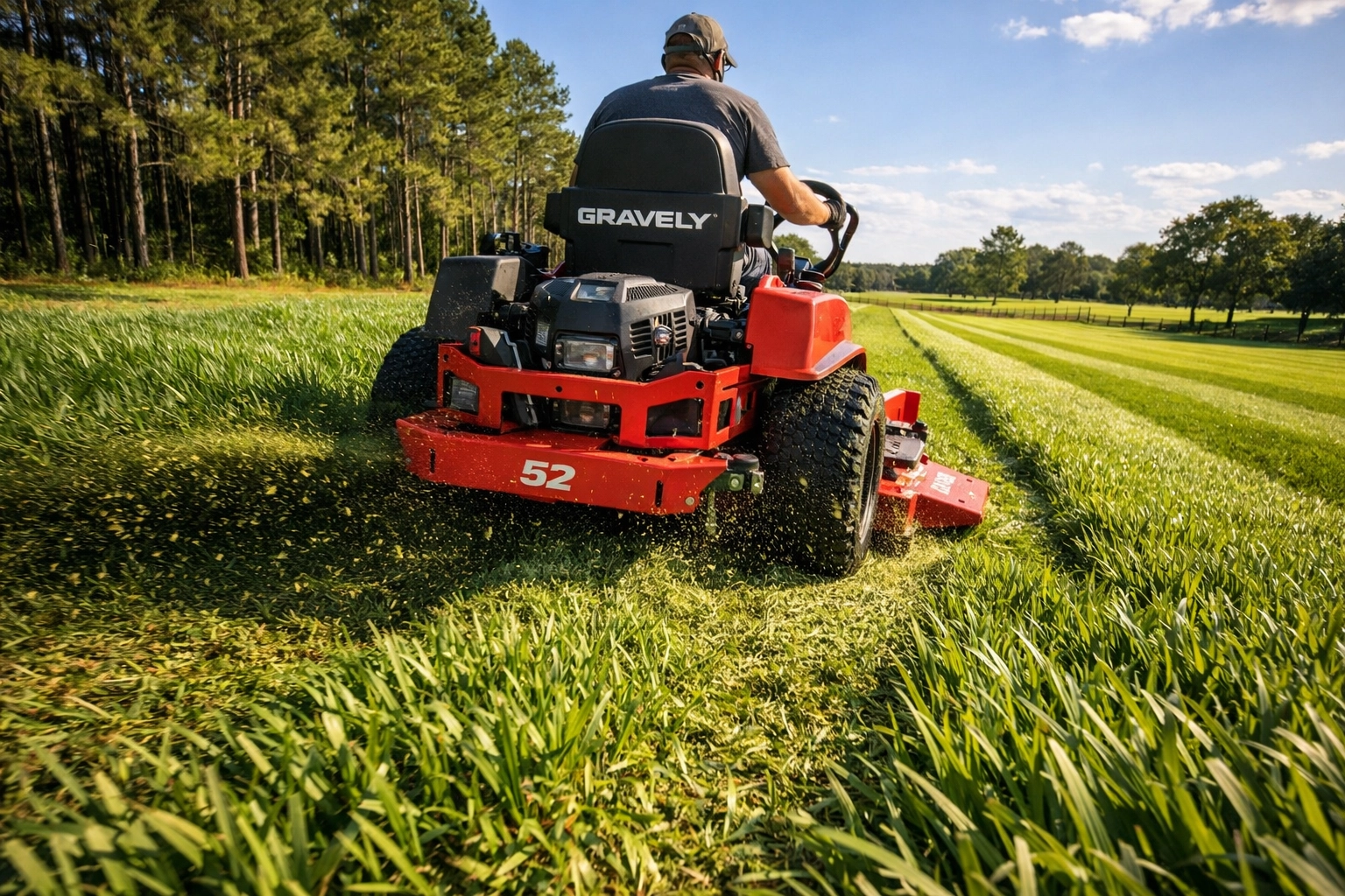 Gravely 52-inch deck zero-turn mower cutting St. Augustine grass on two-acre Florida property
