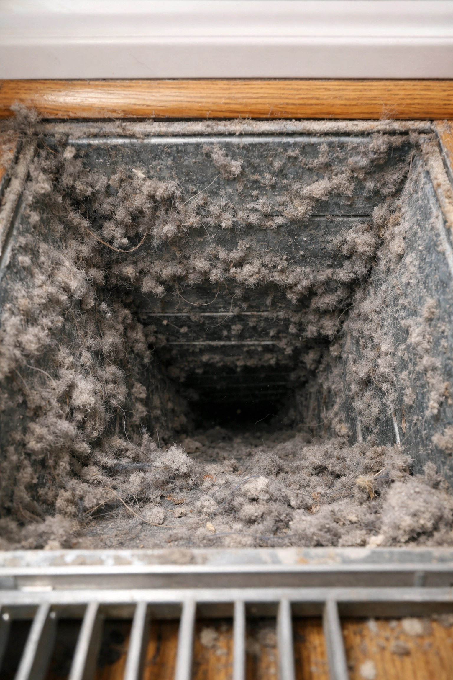 Thick dust and debris buildup inside residential air ducts in a Tuscaloosa home.