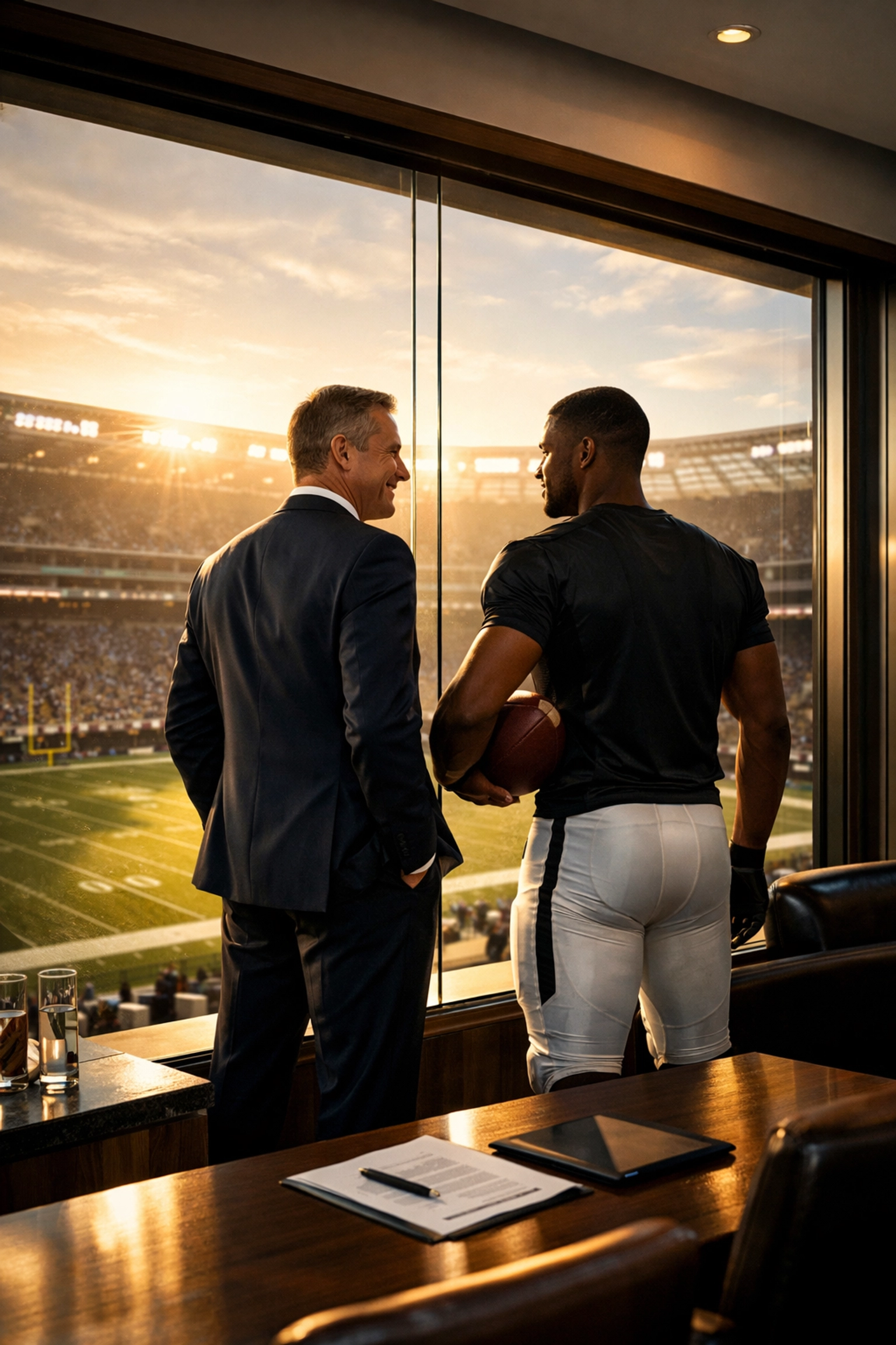 Business executive and athlete collaborating on a sports marketing strategy in a stadium executive suite.