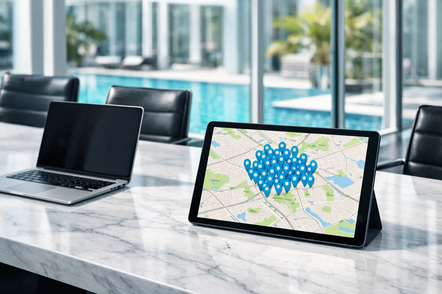 Modern boardroom overlooking a pool, showing a clustered pool route map for a strategic business sale.