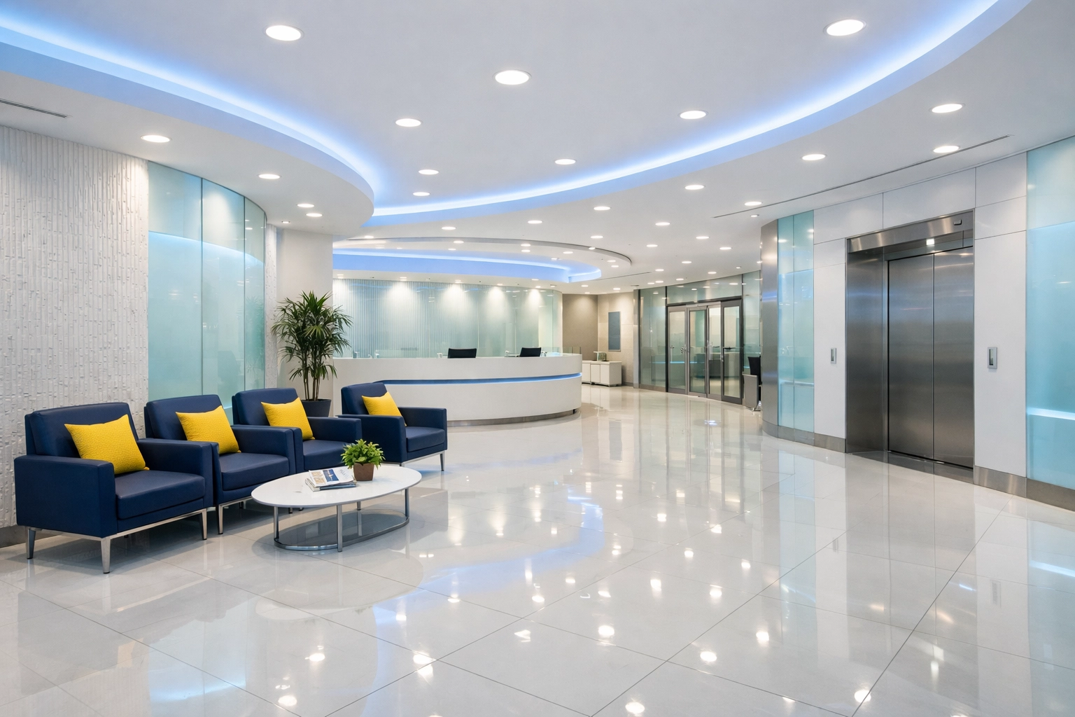 Spotless contemporary commercial lobby with polished floors, showing high-end janitorial care in Randolph.