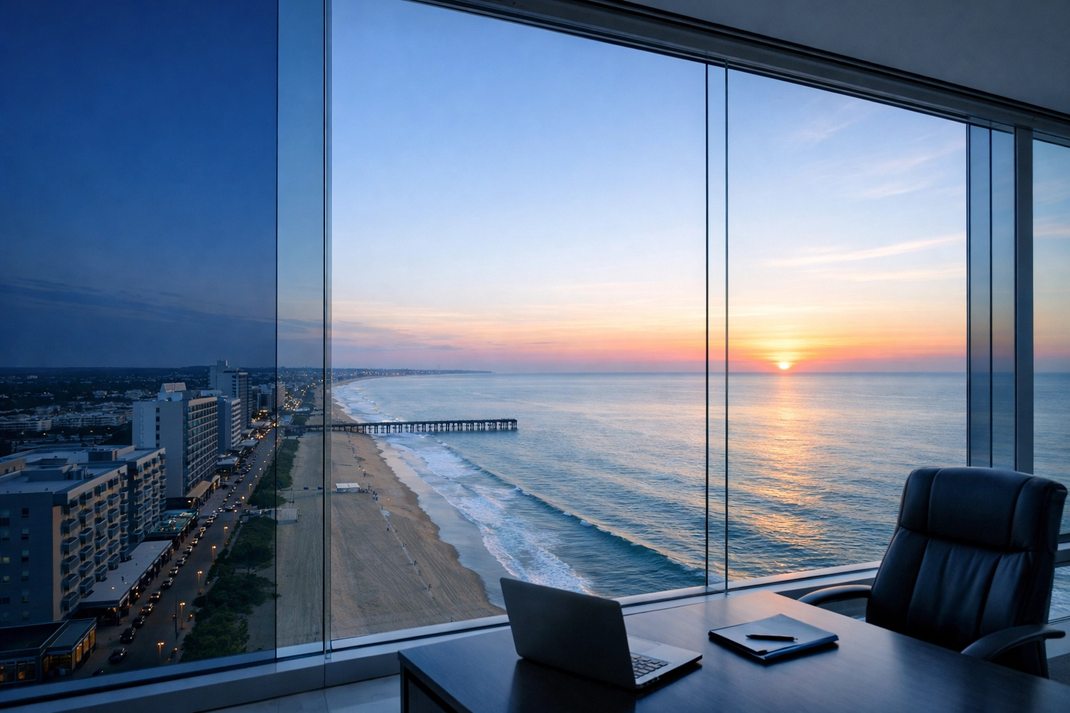 View of the Virginia Beach coastline from a modern law office representing local expertise in custody cases.