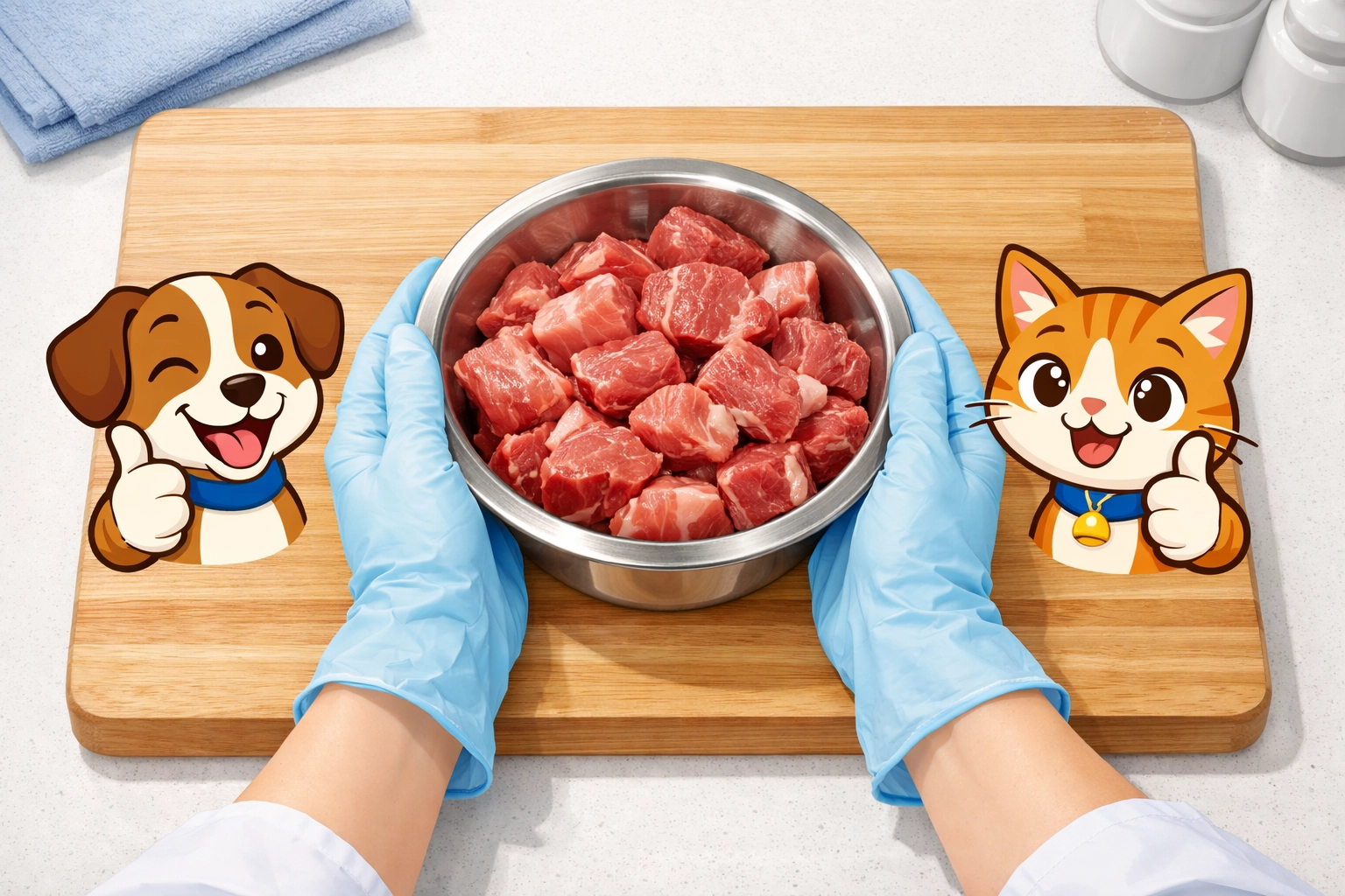 Proper handling of raw cat food with gloves on clean cutting board