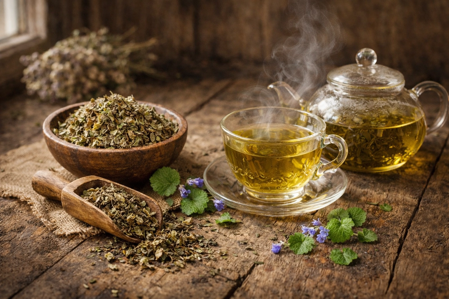Ground ivy herbal tea preparation with dried herbs on rustic wooden surface
