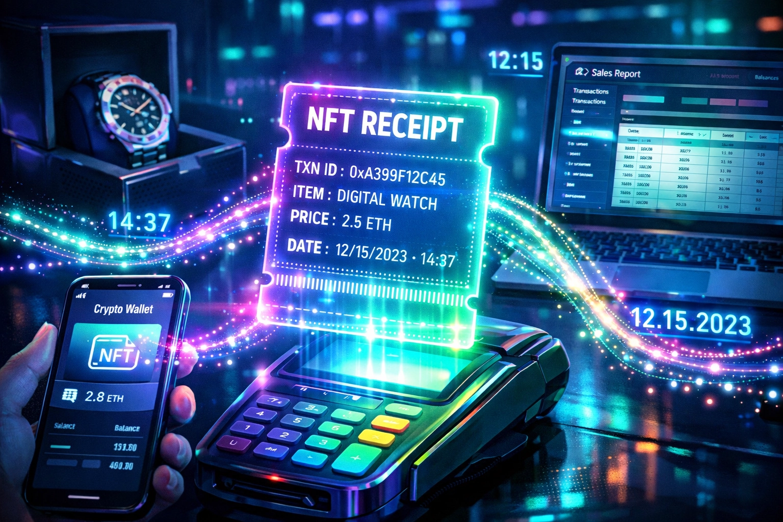 NFT receipt connecting customer payment to merchant accounting dashboard on blockchain