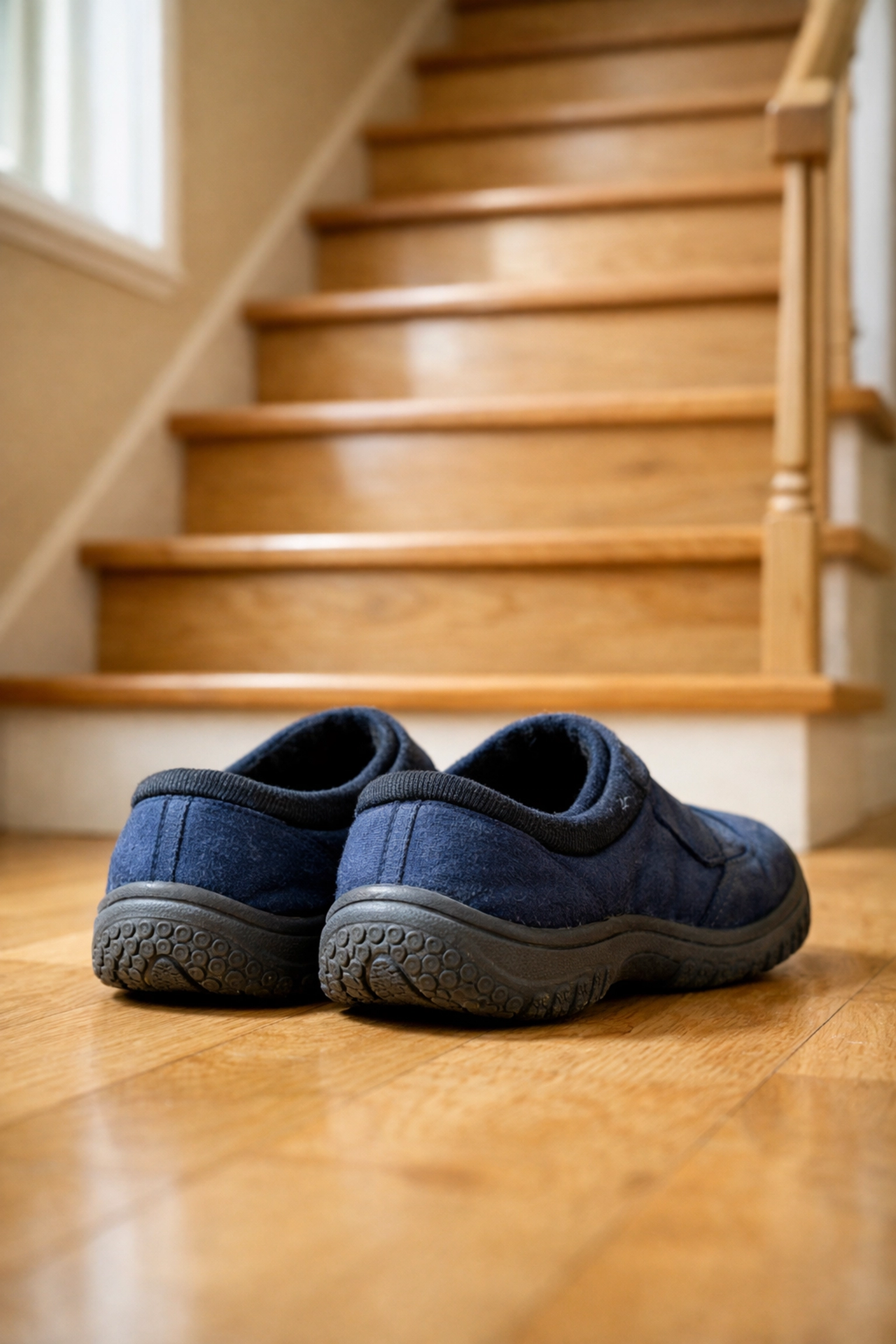 Non-slip indoor shoes with rubber soles placed at base of wooden staircase