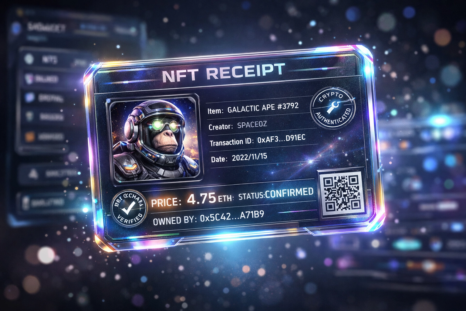 NFT receipt with blockchain verification stamps for metaverse shopping transaction