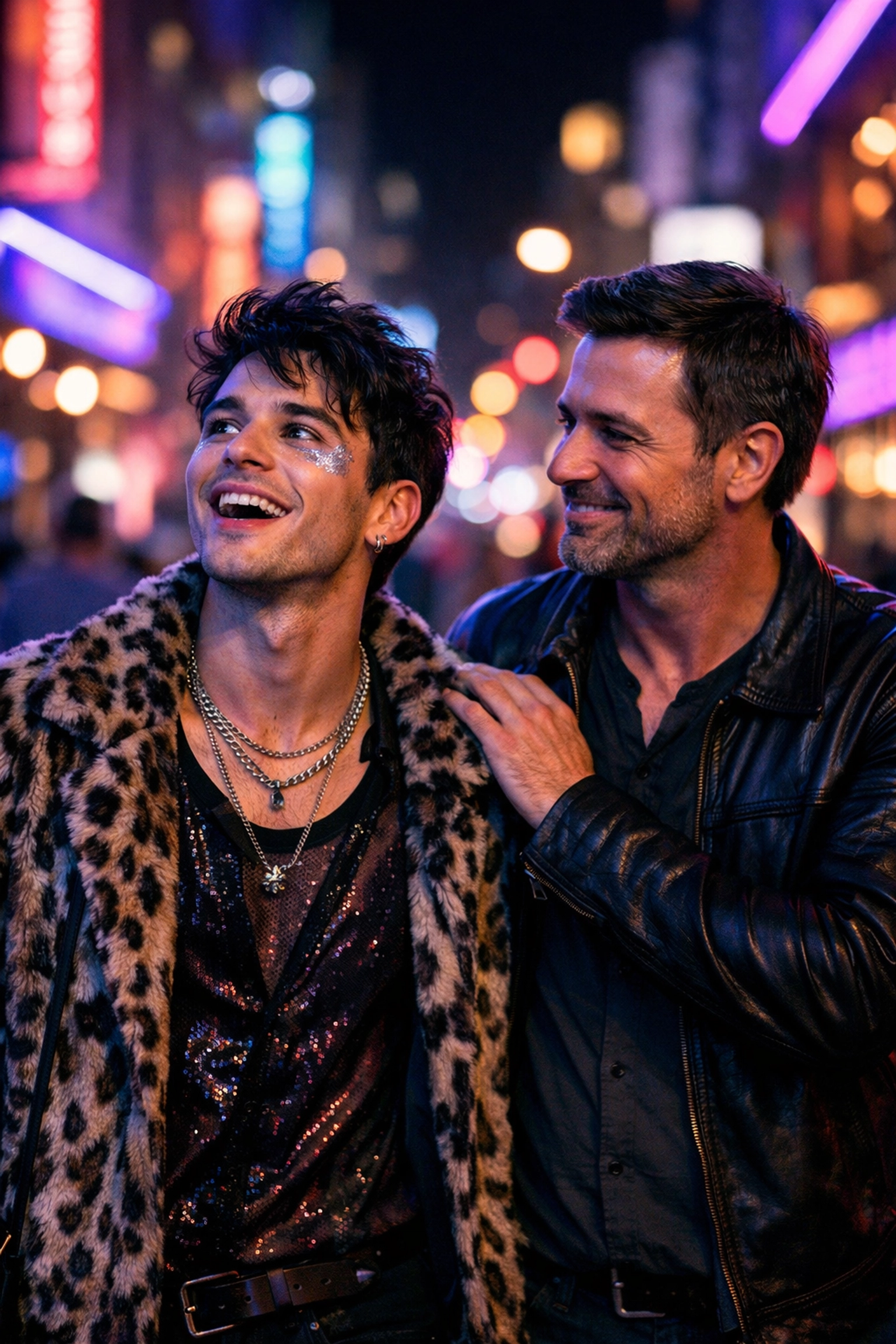 Two gay men walking through a neon-lit city, representing different stages of a queer relationship journey.