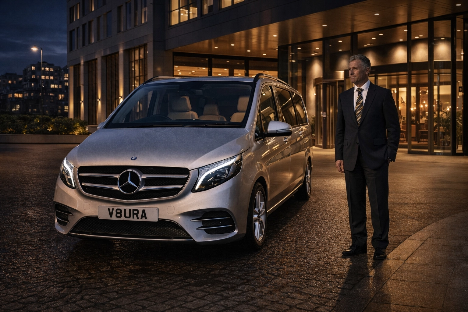 A silver Mercedes-Benz executive vehicle parked outside an illuminated Nottingham building at night, highlighting our premium chauffeur and airport transfer service.