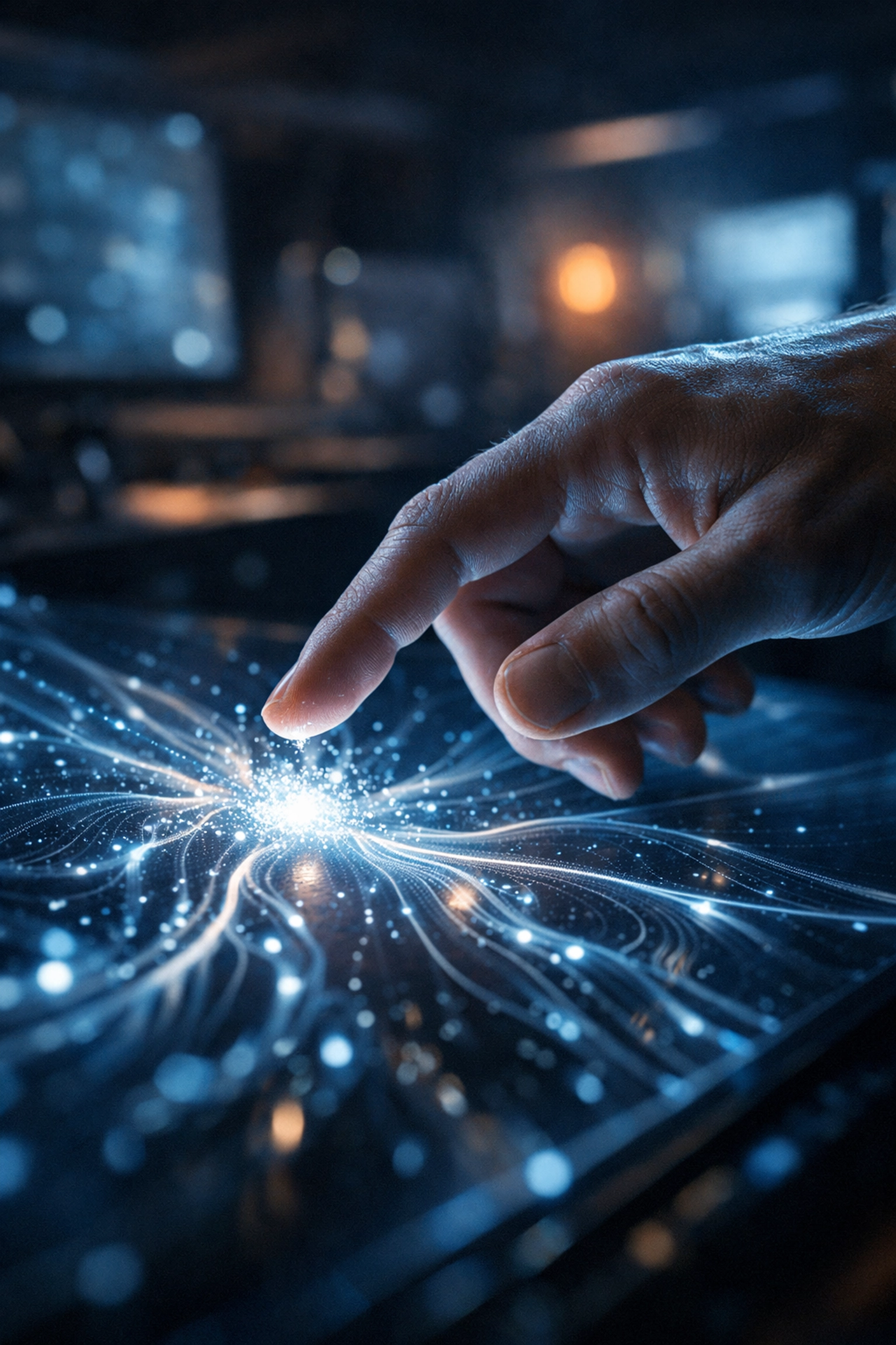 Human hand touching a futuristic digital interface symbolizing emotional connection and user experience design.