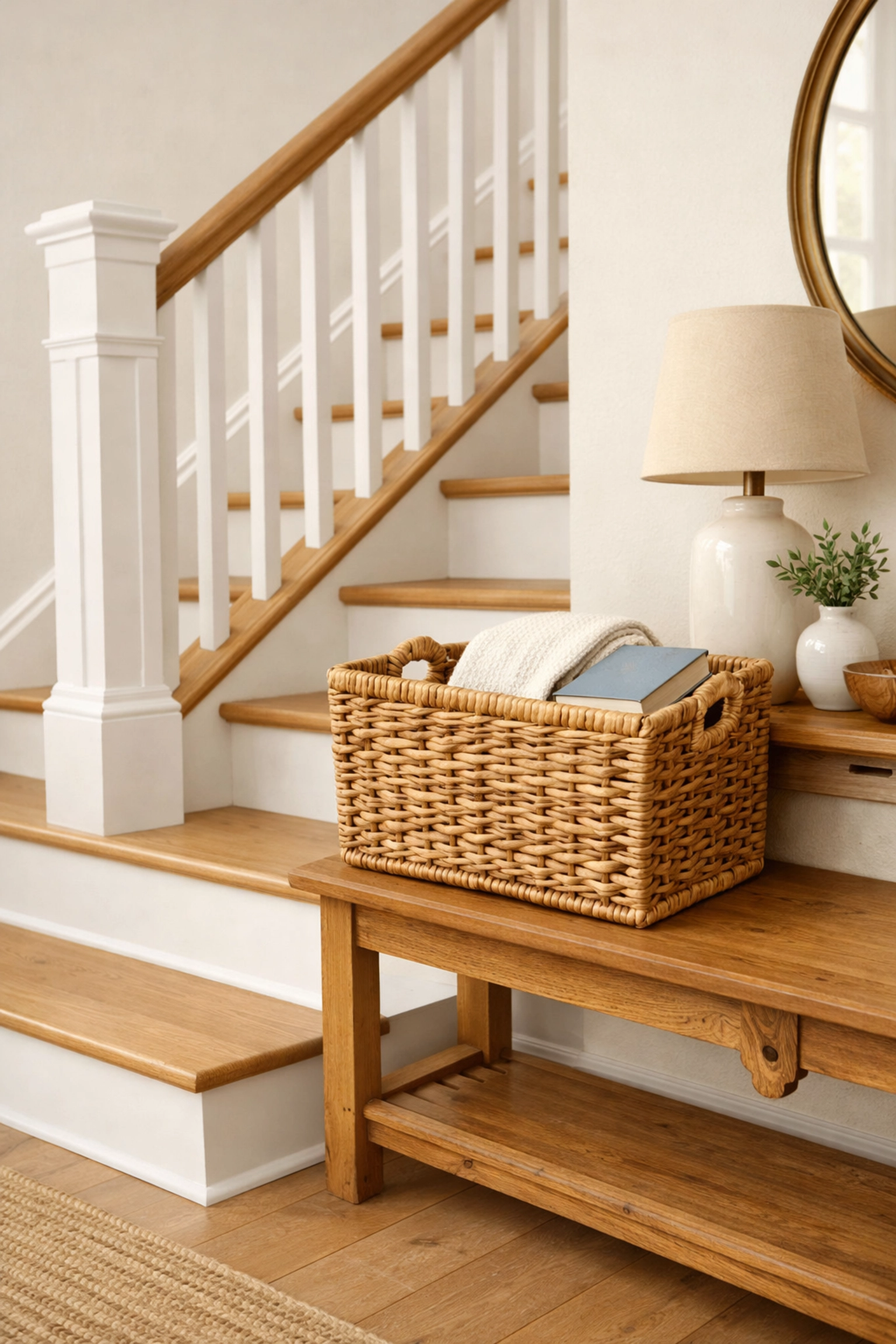 A clean and clear home staircase with a nearby storage basket to keep steps free of tripping hazards.