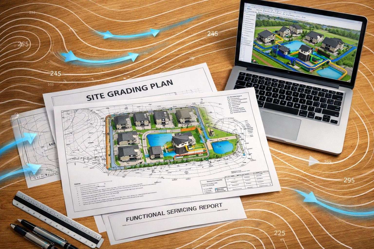 Engineering workspace with site grading plans and functional servicing reports for an Ontario 4-plex.