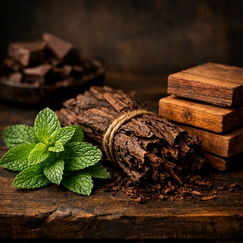 Mint leaves, tobacco, and cedar wood illustrating the premium scents of luxury beard butter.