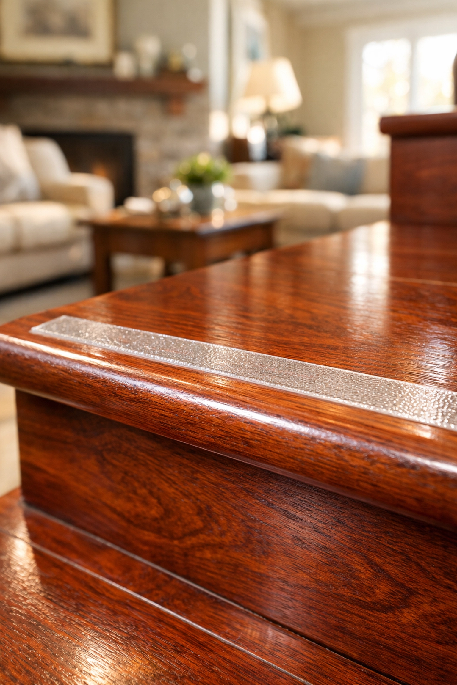 A transparent non-slip traction strip on a wooden stair edge to improve grip and prevent home falls.