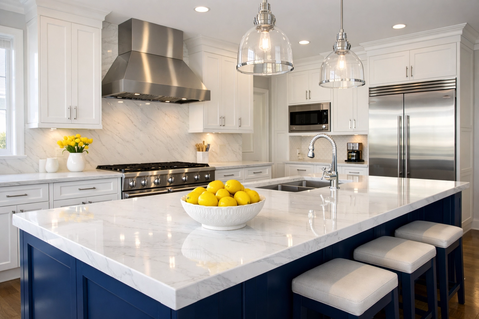 Spotless modern kitchen with white marble countertops after a professional deep cleaning service.
