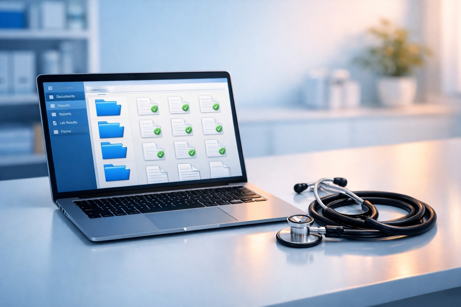 Organized healthcare compliance documents on a laptop next to a stethoscope in a clinic setting.