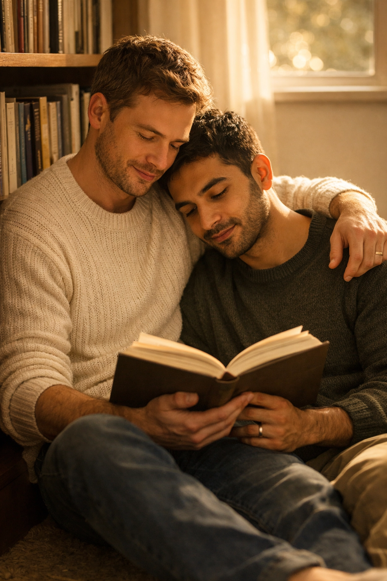 Two men reading MM romance books together in a sunlit library, capturing a moment of quiet queer intimacy.