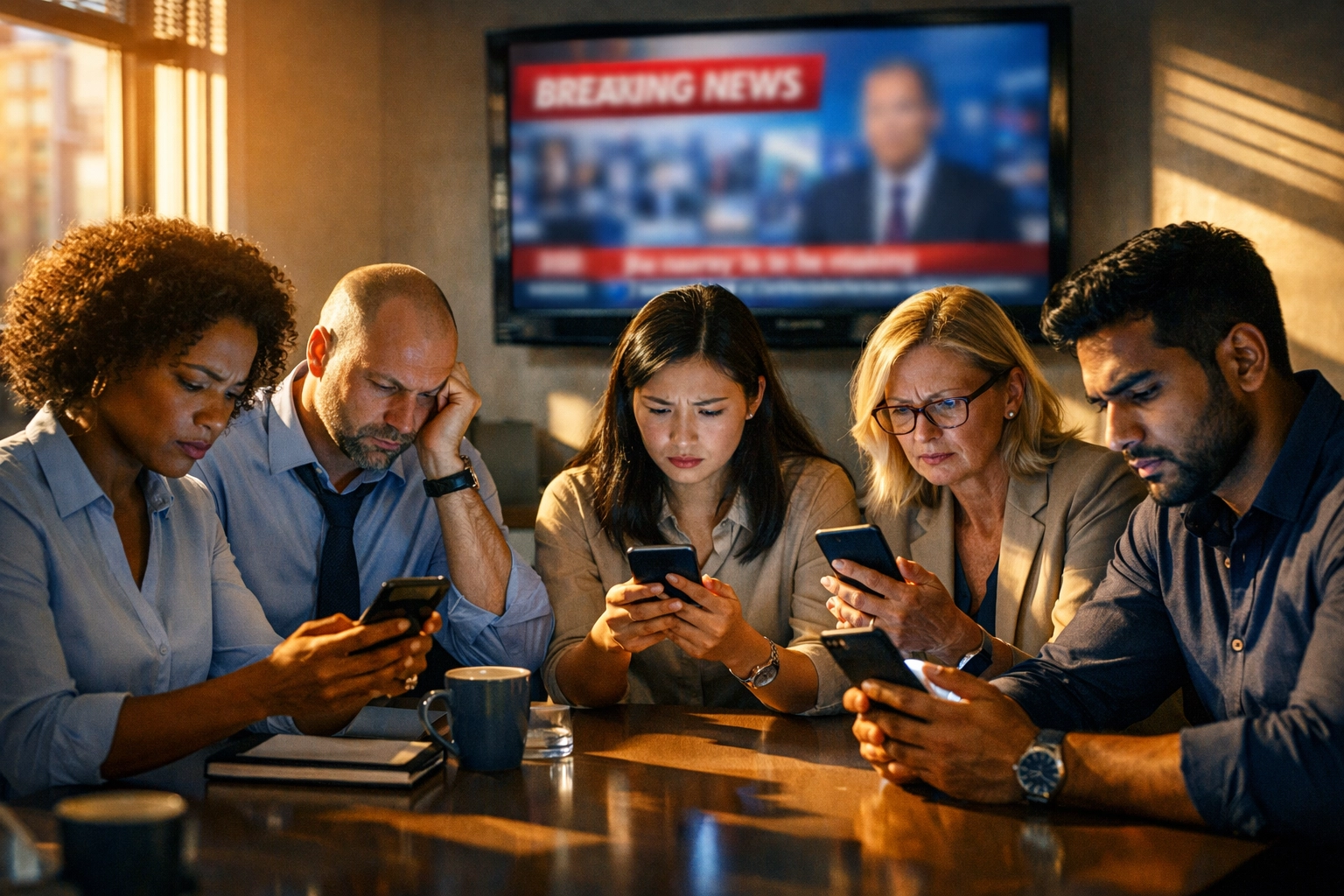 Office employees checking phones for crisis news demonstrating importance of internal communications