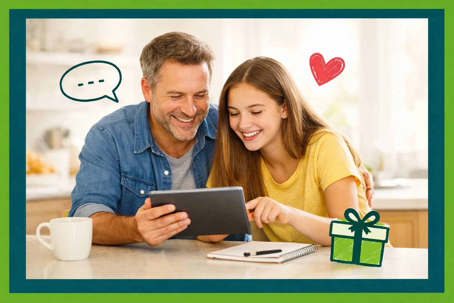 Father and teenage daughter connecting over an online life skills course at home.