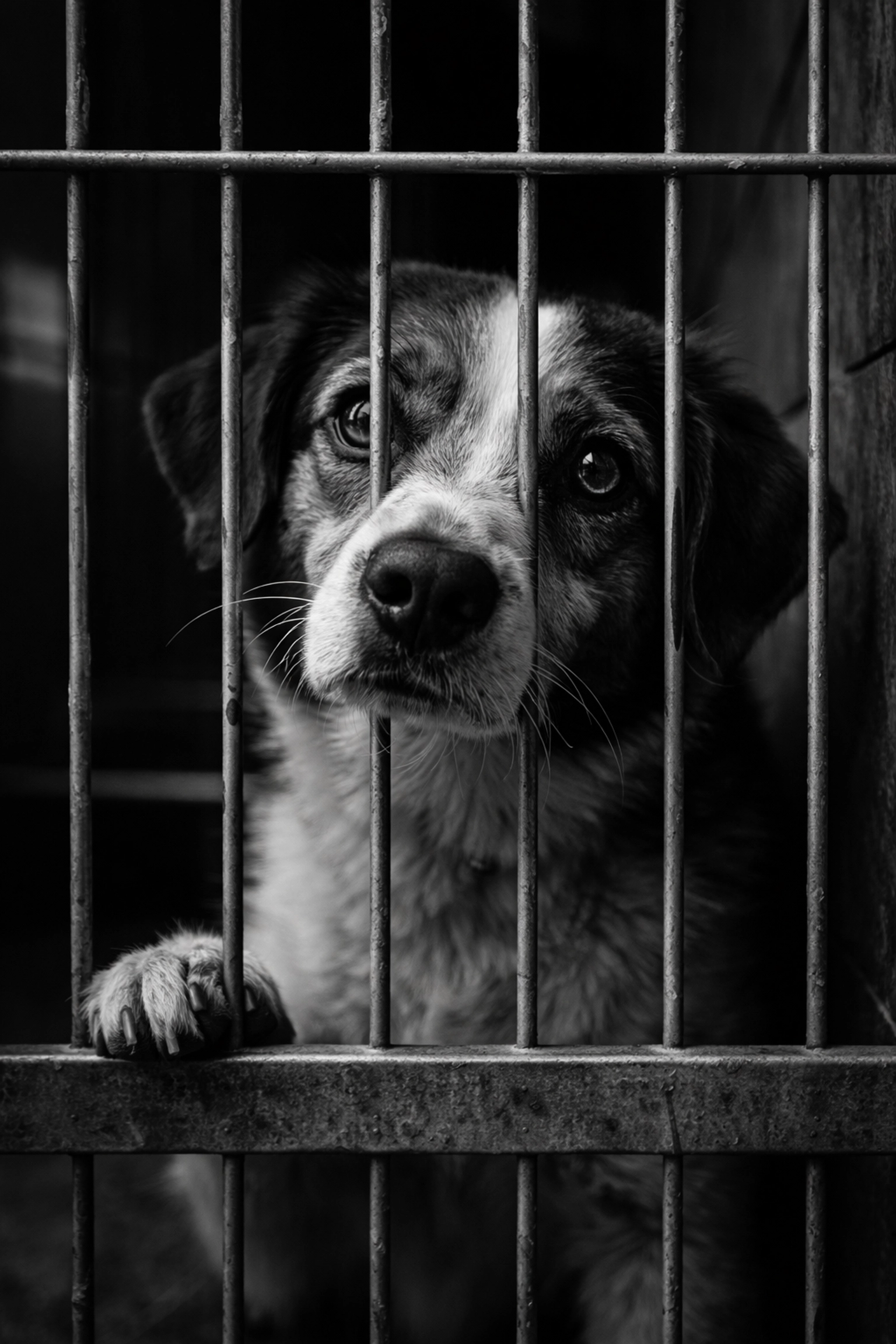 Rescue dog in a shelter kennel looking hopeful for adoption, highlighting the need for foster homes