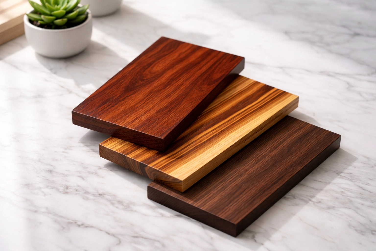 Samples of Brazilian Cherry, Tigerwood, and walnut hardwood flooring displayed on a marble surface for Chicago homes