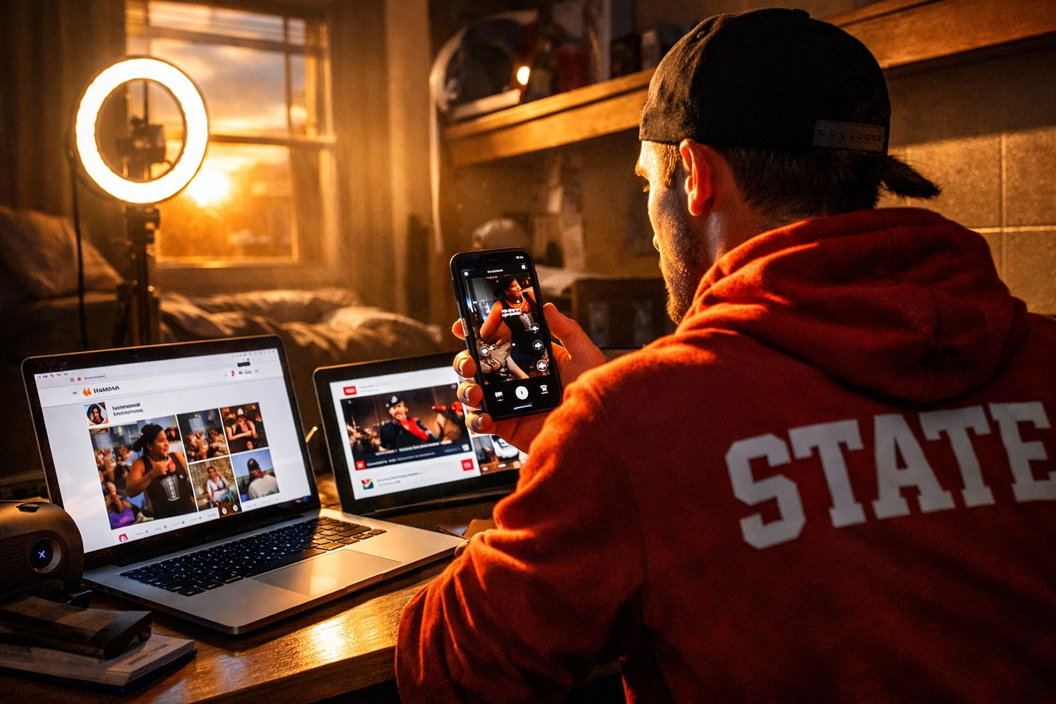 College athlete creating NIL content across multiple social media platforms using laptop, tablet, and phone