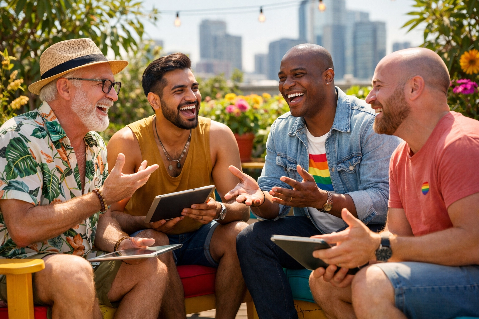 A diverse group of men discussing popular gay books and LGBTQ+ stories in a rooftop garden.