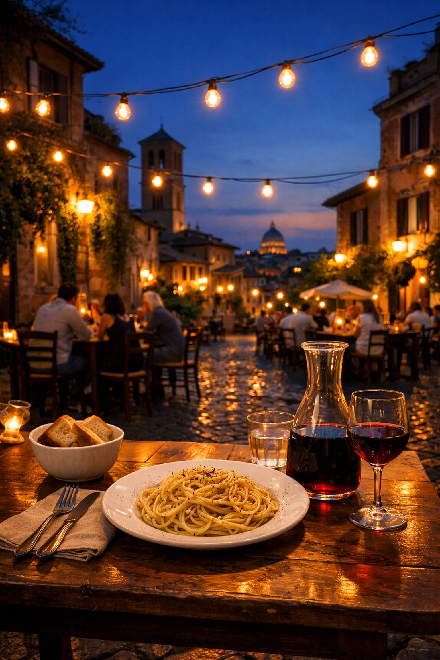 A plate of Cacio e Pepe at an authentic Roman trattoria, perfect for budget-friendly local dining.