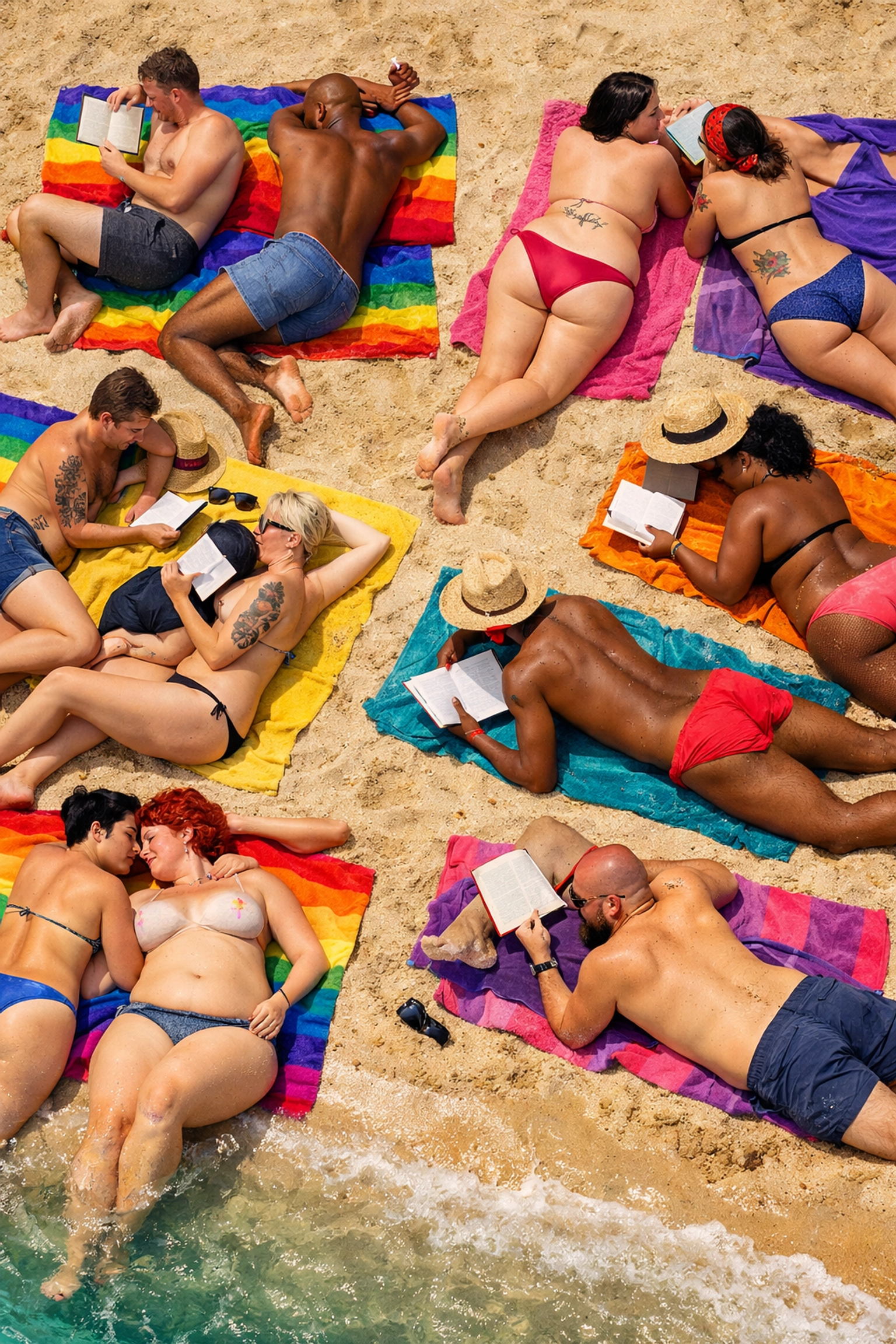 LGBTQ+ beachgoers relaxing in body-positive clothing-optional zone at d'en Bossa beach