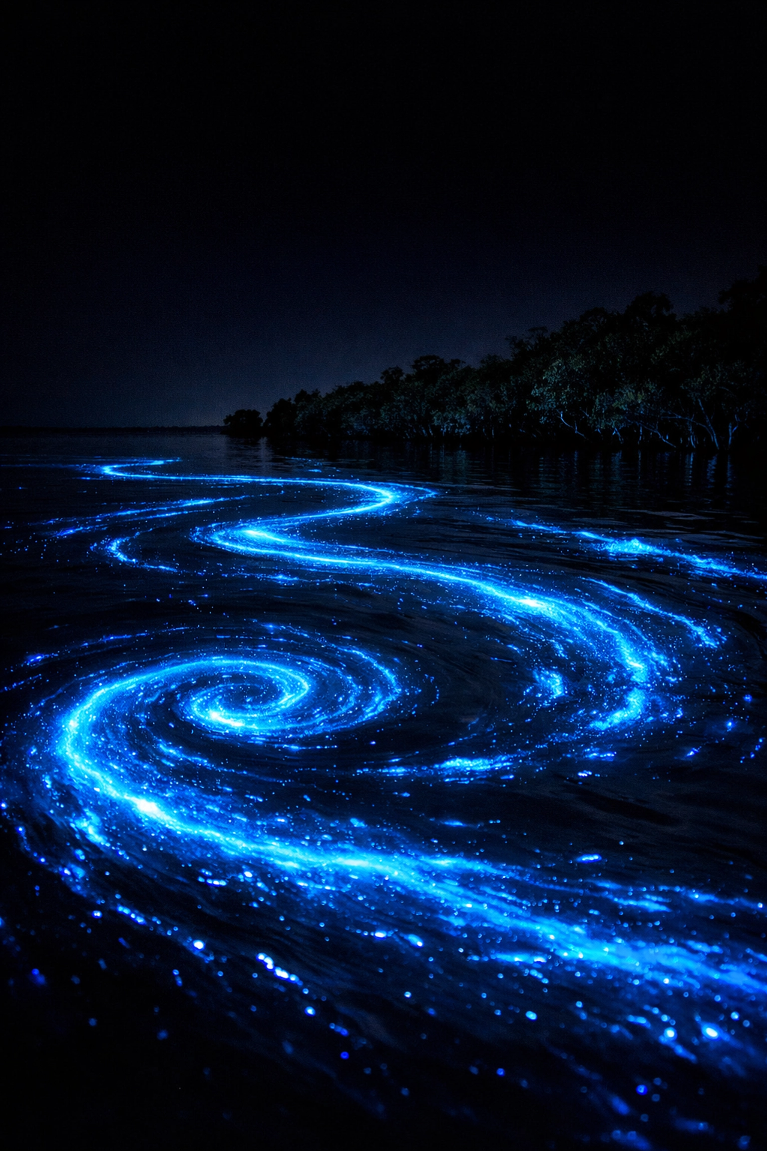 Bioluminescent water glowing blue in Indian River Lagoon during new moon night in Florida