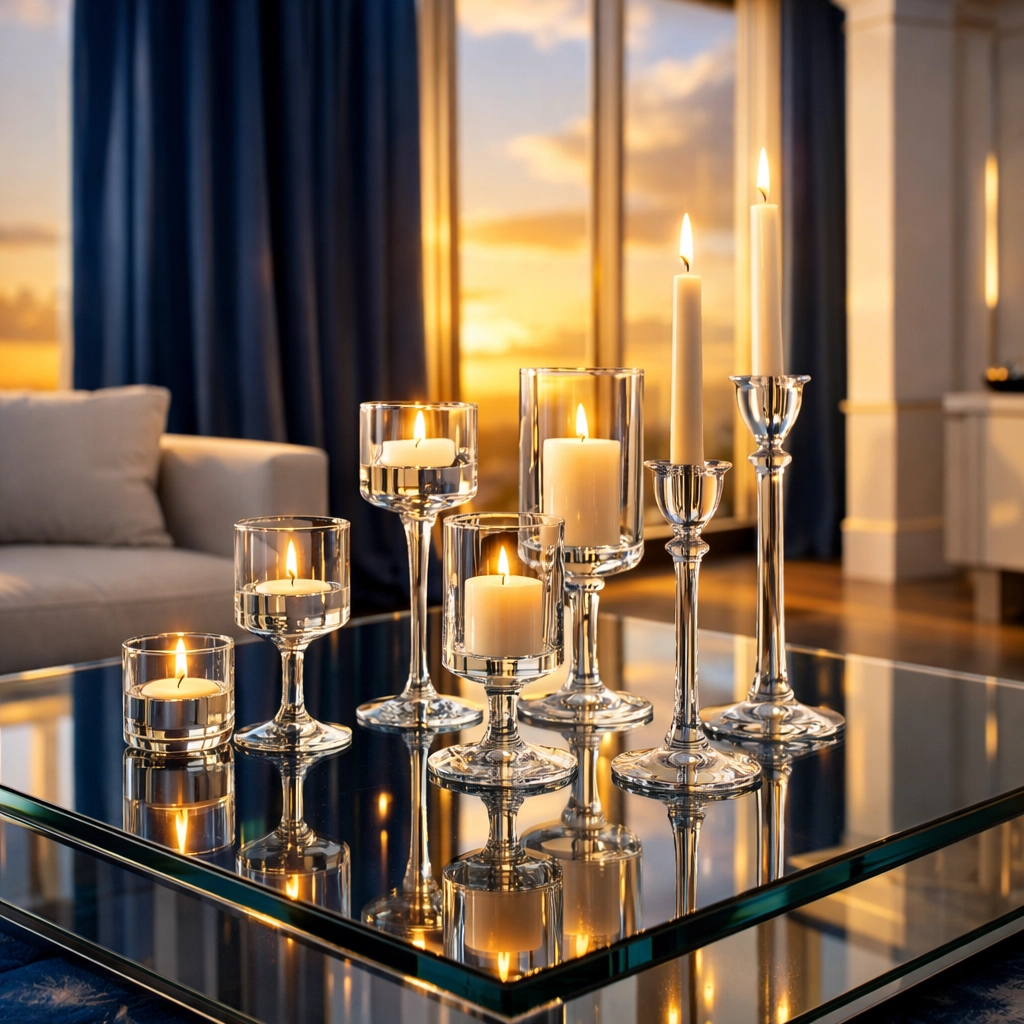Spotless glass coffee table with decorative candle holders in a clean, modern home.