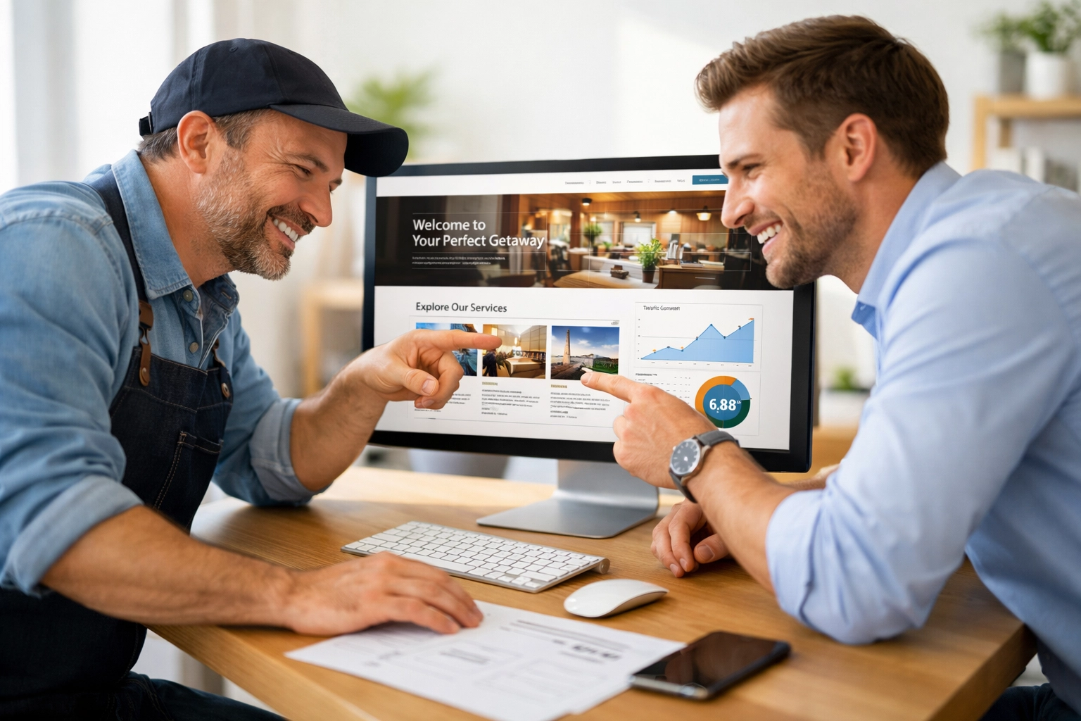 Professional web design expert and business owner collaborating on high-converting internet marketing and SEO strategies.