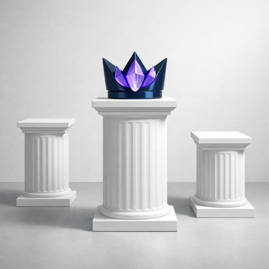 An elegant navy blue and purple sculpture on a pedestal representing brand authority and trust.