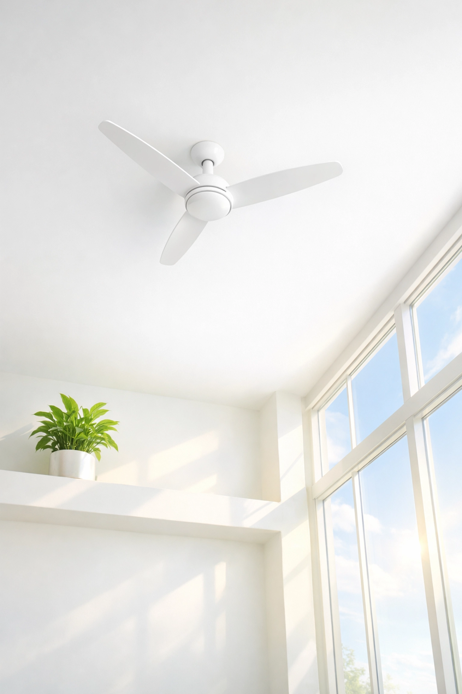 Clean ceiling fan and bright windows illustrating healthy air quality in a yoga studio.