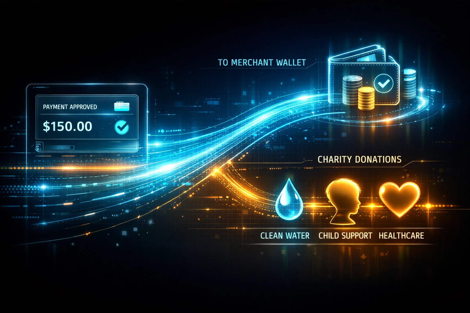 Blockchain payment transaction splitting between merchant wallet and charity allocation