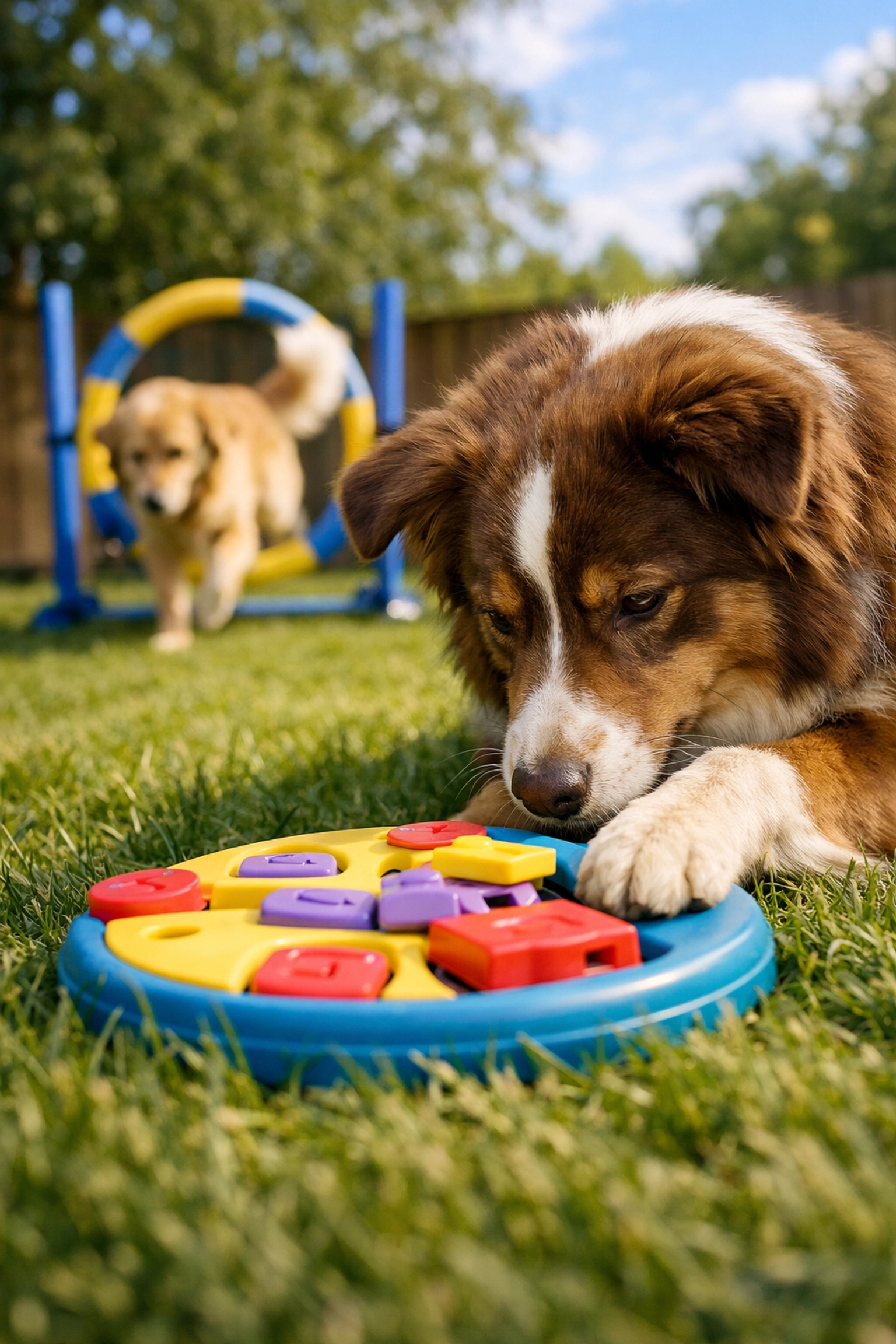 Dog solving puzzle toy at daycare for mental enrichment and stimulation