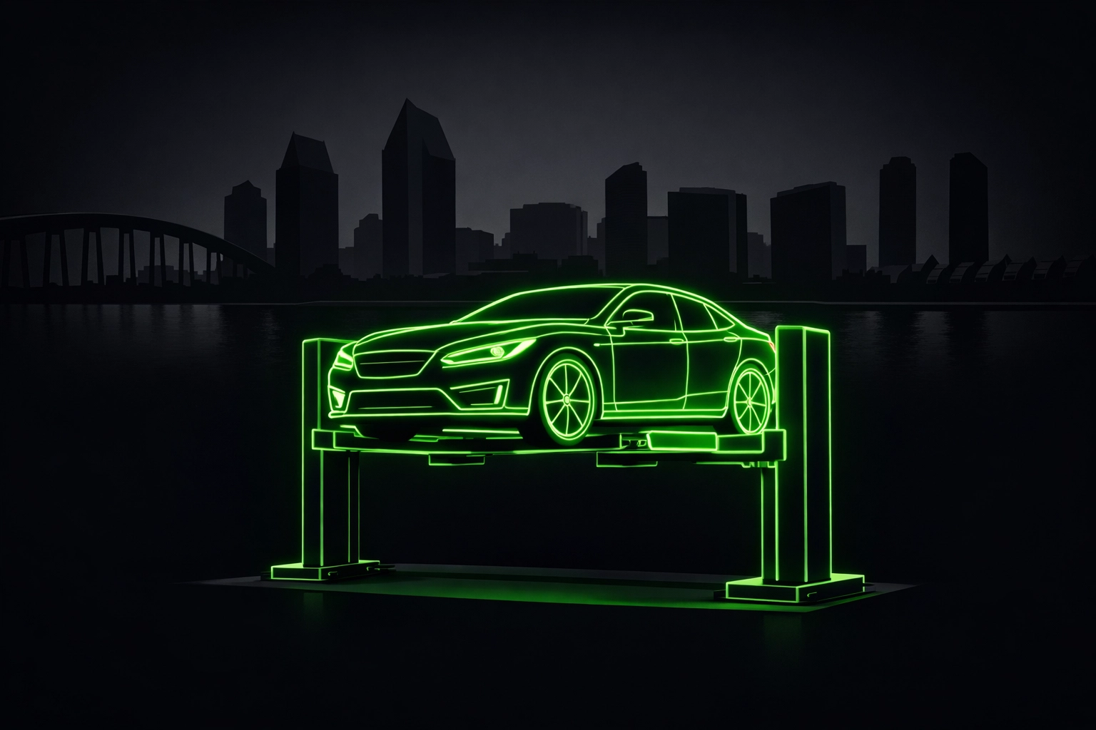 Neon green car outline on a lift over the San Diego skyline for auto repair directory listings.