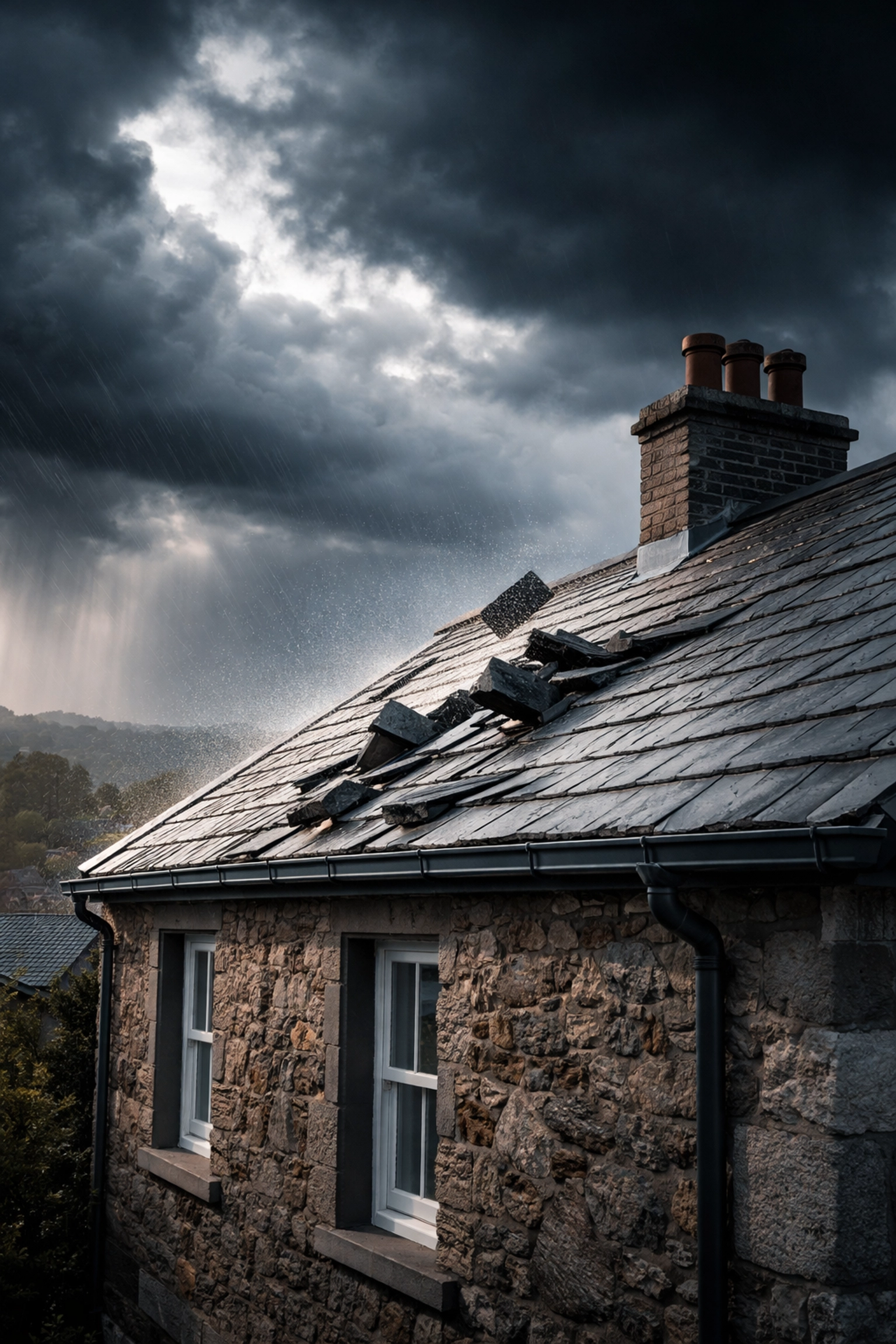 Storm clouds over a Belfast roofline with exposed tiles, highlighting the need for durable dry verge systems.