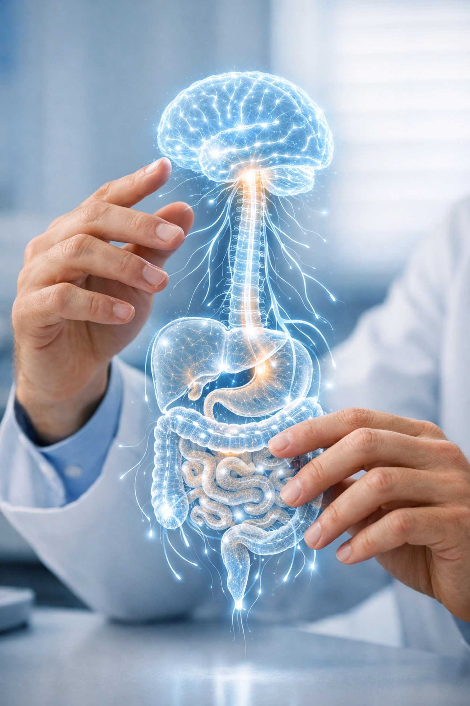 A mind-body therapist examining the nervous and digestive systems for holistic trauma treatment.