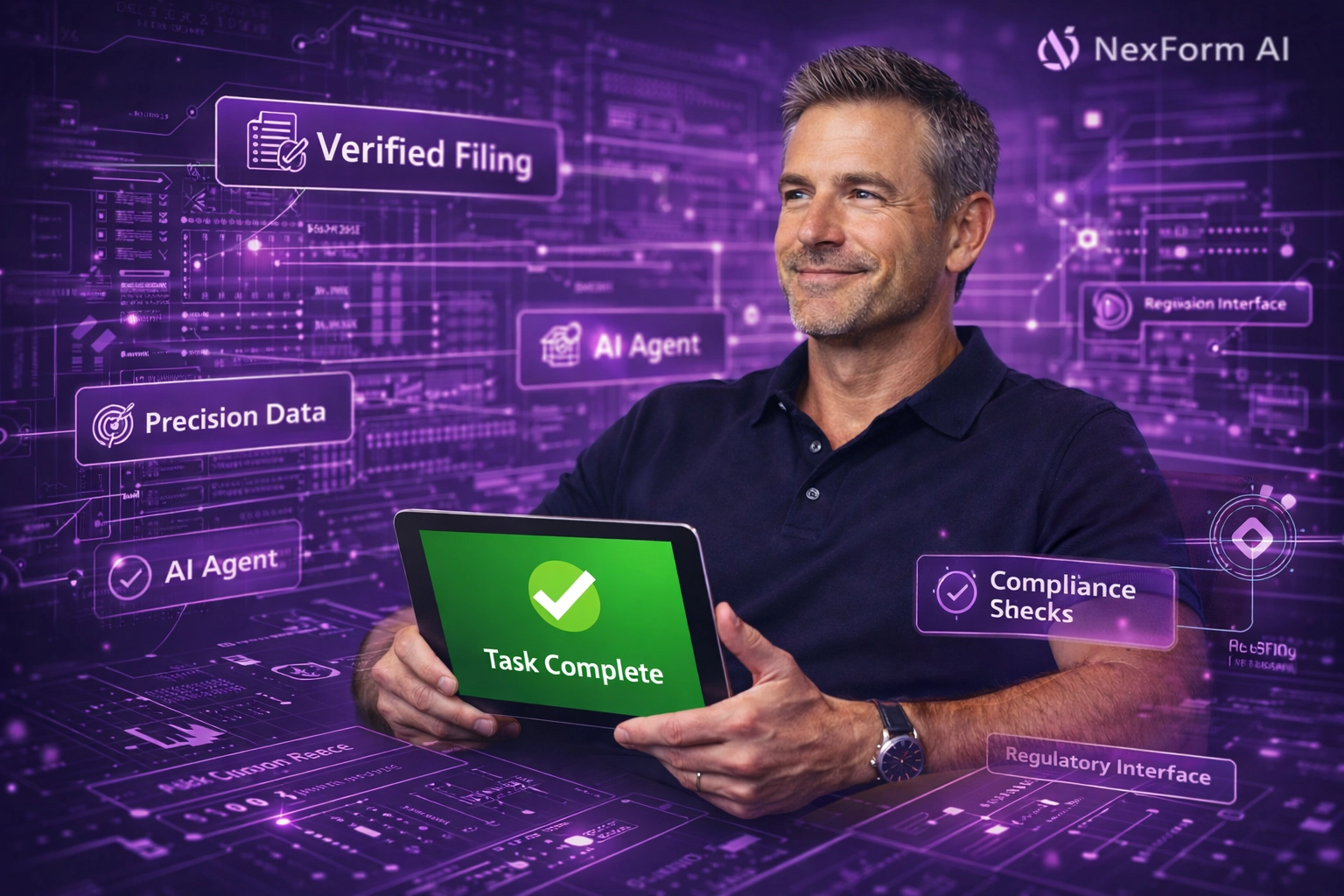 Business professional successfully completing MTD ITSA tax filing using agentic AI automation tools.