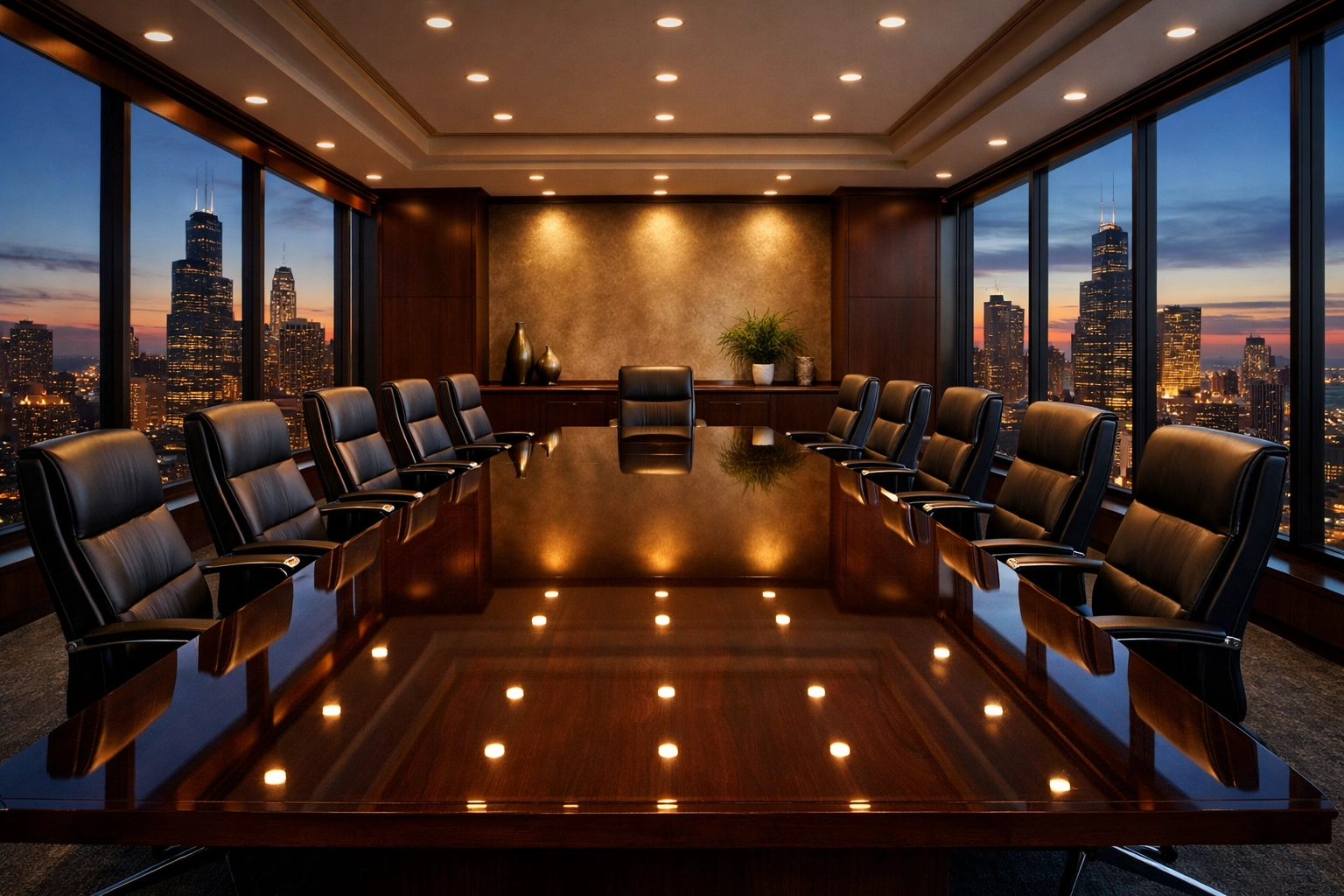 Pristine executive conference room in a Chicago skyscraper showing 5-star office cleaning results.