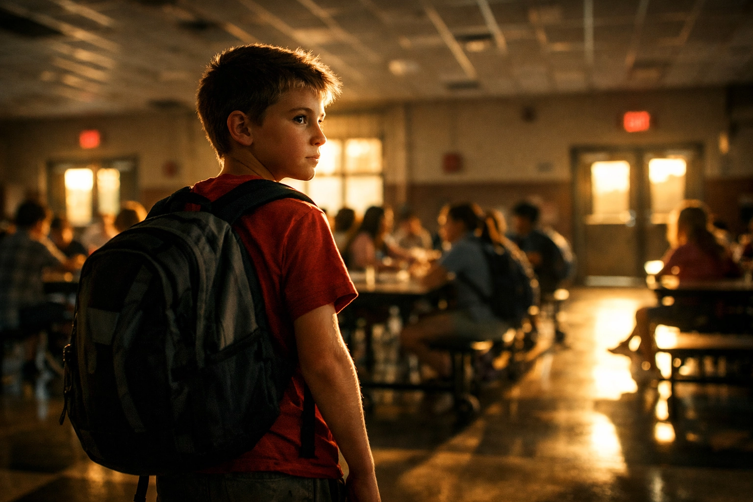 Student with backpack displaying confident posture and situational awareness in school cafeteria