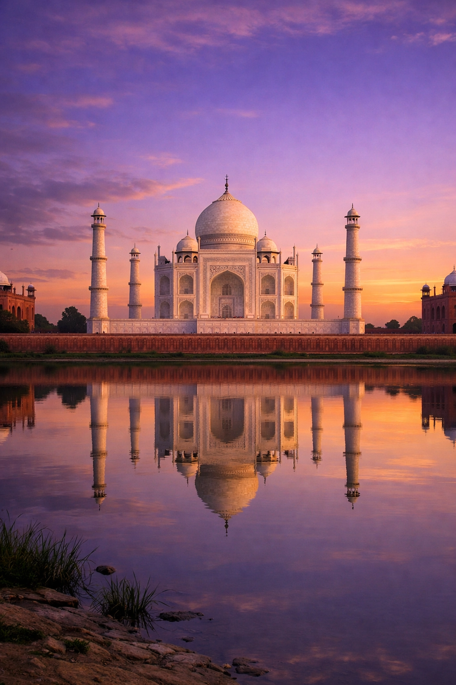 Symmetrical view of the Taj Mahal at dusk, providing great travel photography tips for reflections.