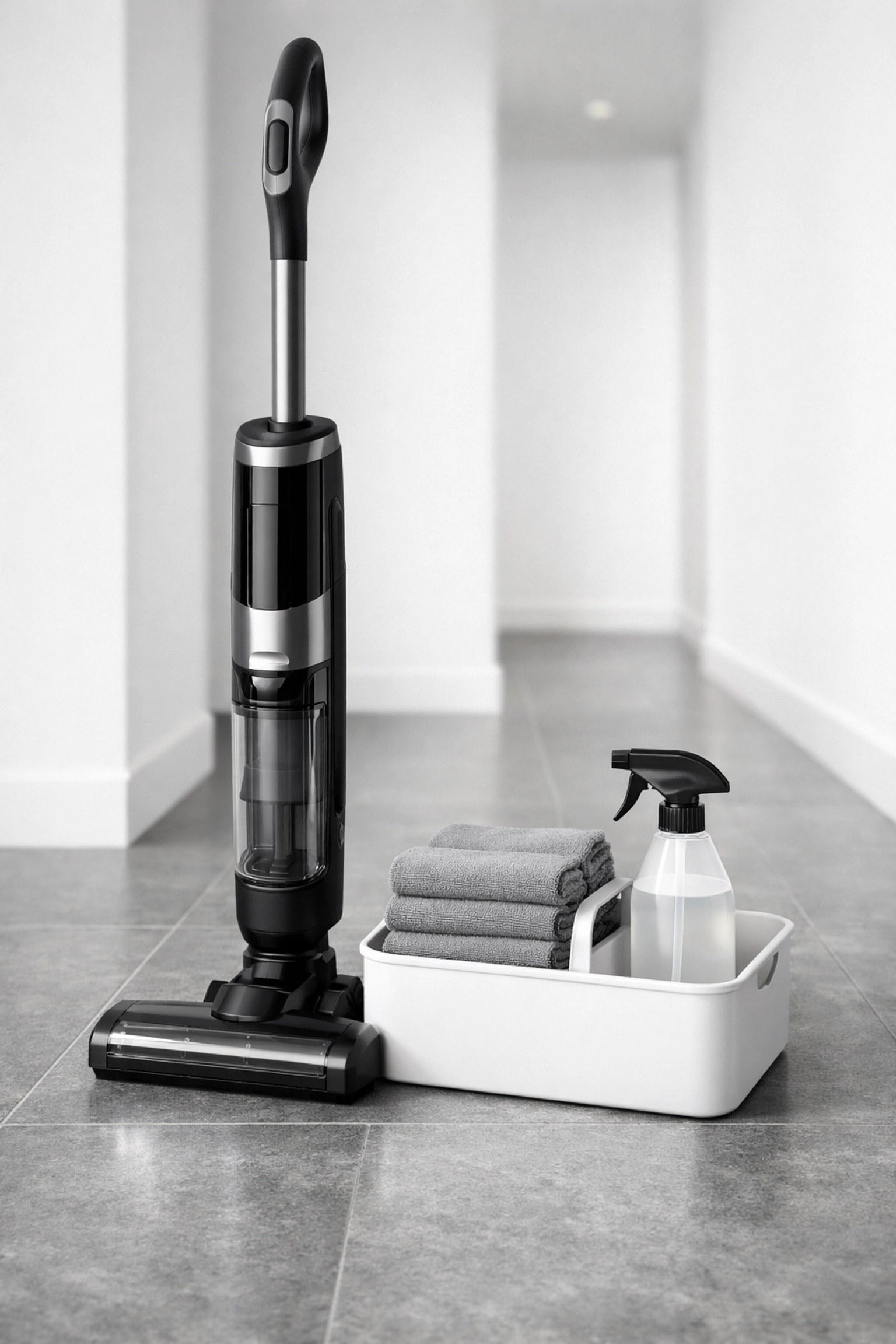 Professional cleaning equipment including a vacuum and caddy in a clean, modern hallway.