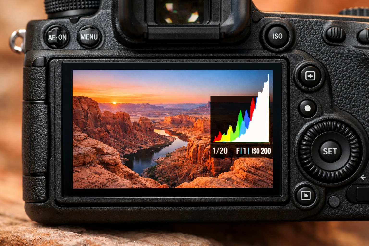 A camera screen showing a landscape with an exposure histogram shifted right to avoid manual mode mistakes.