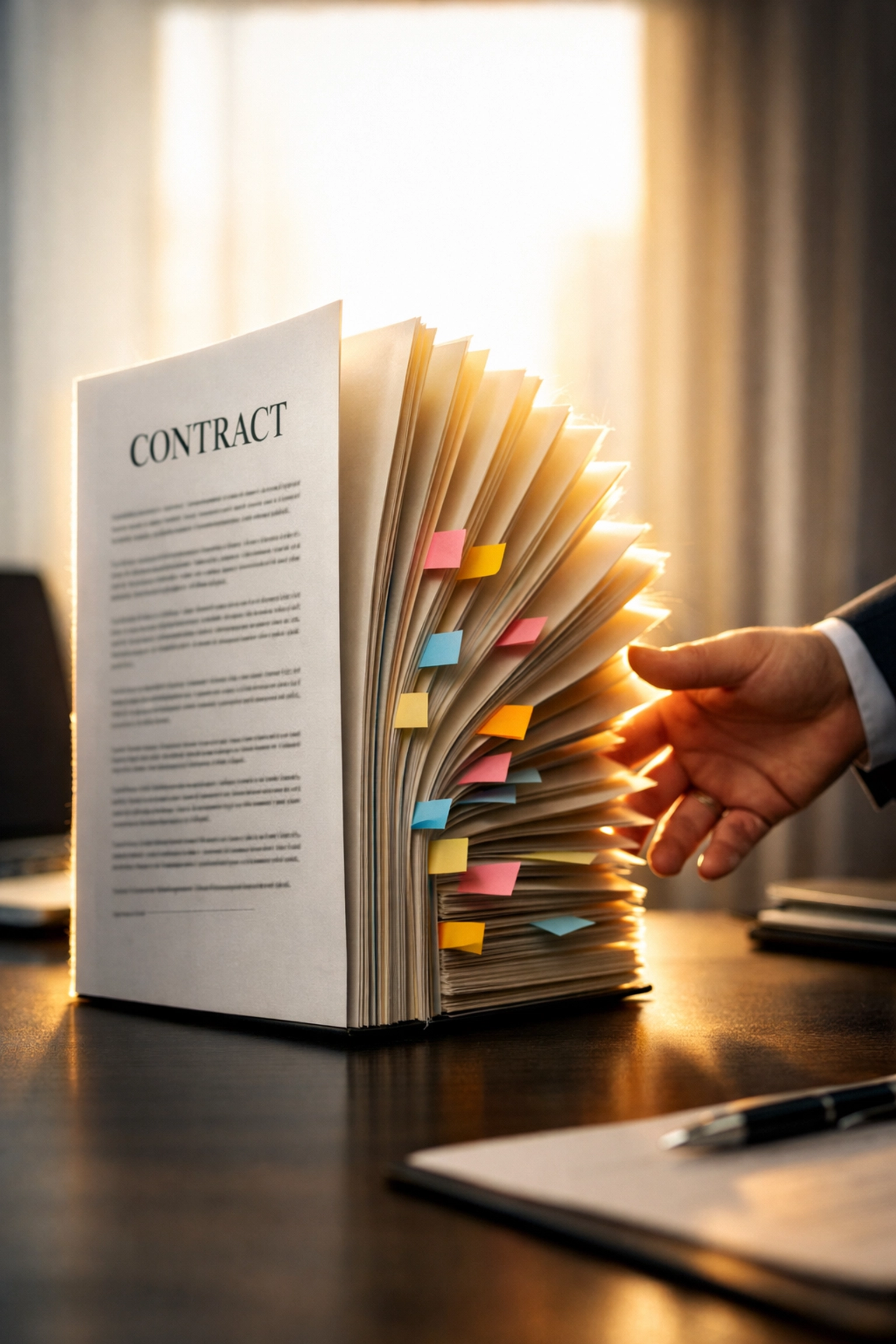 Hand reaching for thick legal contract with marked pages requiring careful review before signing