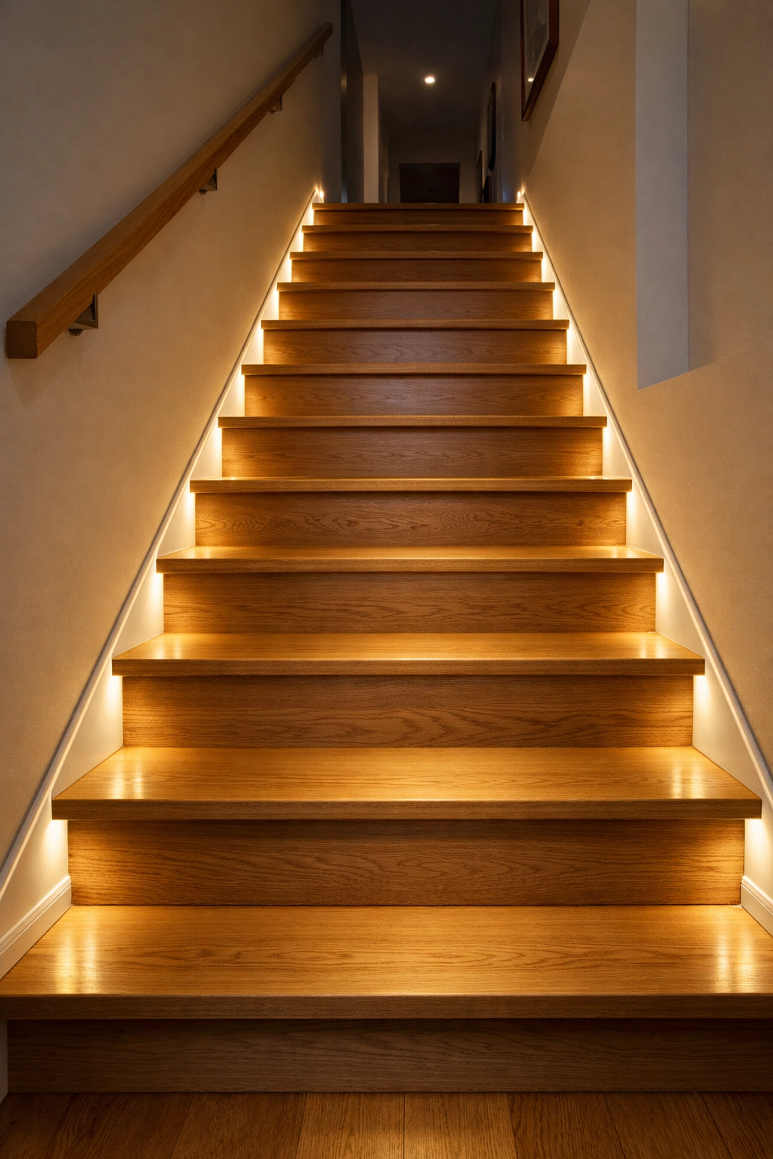 Bright LED motion-sensor lights illuminating a wooden staircase to prevent trips and falls.