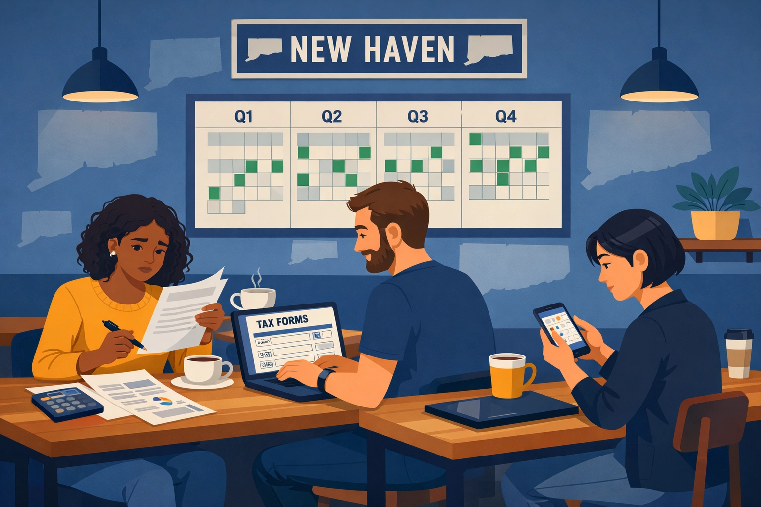 New Haven freelancers reviewing tax documents and estimated payment deadlines
