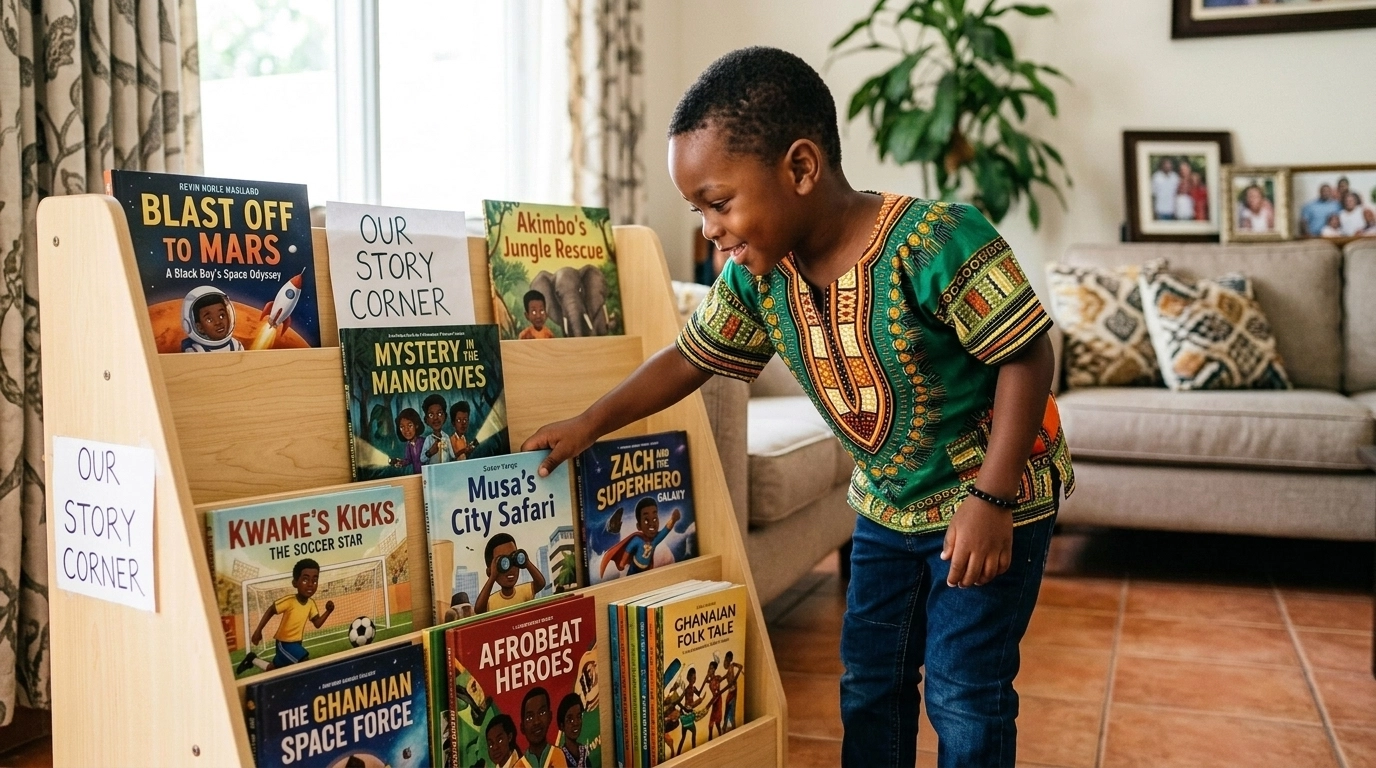 A young Black boy leans over a child-sized bookshelf filled with culturally relevant children's books featuring adventurous, age-appropriate themes that would appeal to young boys in a warm, inviting home setting.